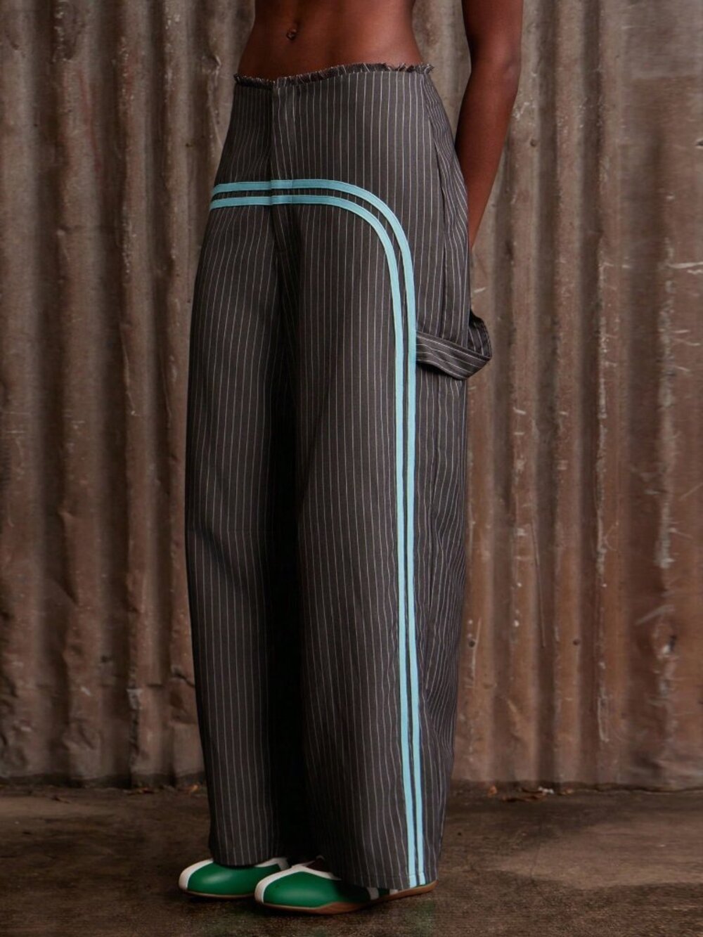 Dark Grey Casual Women's Long striped Wide-Leg Pants - Picture 2 of 7